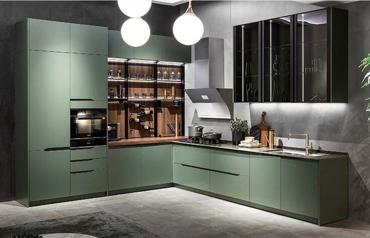 L Shape Green Modular Kitchen